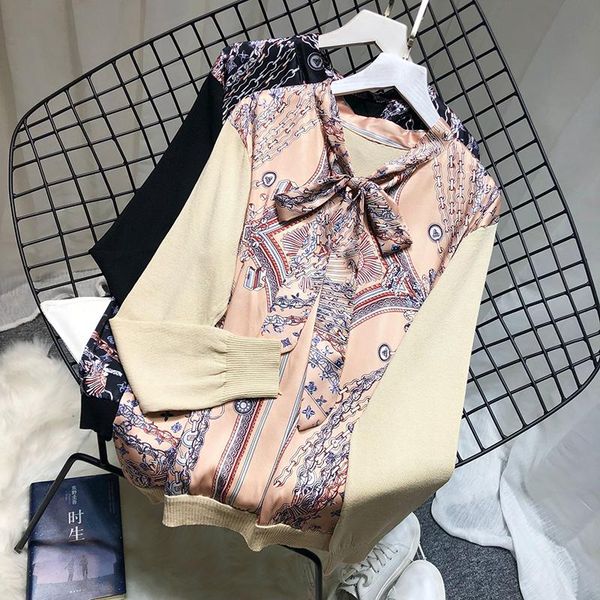 women's sweaters bow tie collar women patchwork print lady neck knitted pullovers lace up, White;black
women's sweaters bow tie collar women patchwork print lady neck knitted pullovers lace up, White;black