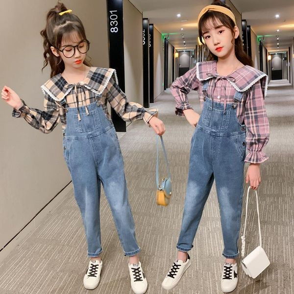 clothing sets 2021 spring girls suits plaid clothes big children long-sleeved shirts+denim bibs 2pcs outfits doll collar, White
clothing sets 2021 spring girls suits plaid clothes big children long-sleeved shirts+denim bibs 2pcs outfits doll collar, White