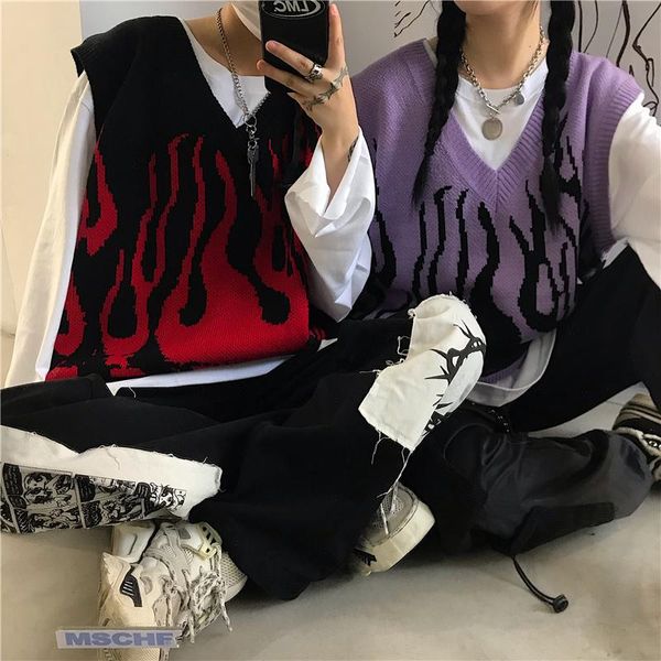 men's vests couple autumn sweater vest large hip hop flame pattern knitted 2021 winter and women's loose v-neck pullover, Black;white
men's vests couple autumn sweater vest large hip hop flame pattern knitted 2021 winter and women's loose v-neck pullover, Black;white