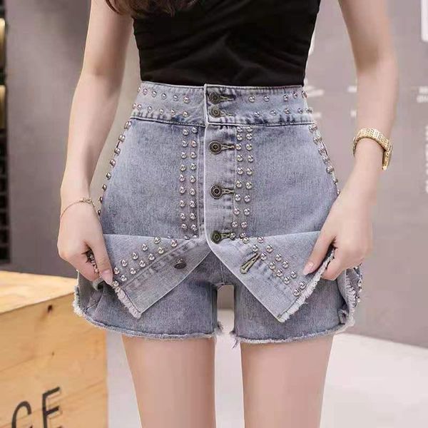 spring and summer women's high-waist denim shorts skirt korean version of slim thin heavy-duty rivet fashion jeans, Blue
spring and summer women's high-waist denim shorts skirt korean version of slim thin heavy-duty rivet fashion jeans, Blue