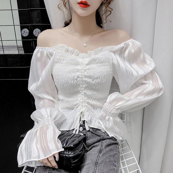 women's t-shirt spring and autumn e-girls elegant temperament v-neck flared sleeve pne-shoulder fashion drawstring slim-fit pleated, White
women's t-shirt spring and autumn e-girls elegant temperament v-neck flared sleeve pne-shoulder fashion drawstring slim-fit pleated, White