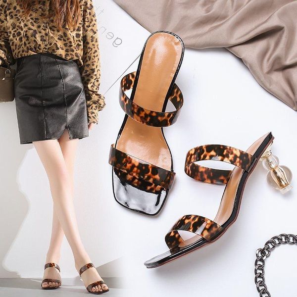 

dress shoes 2021 summer pvc leopard sandals fashion women heeled peep toe 7cm perspex heel high heels lady slingback shoe size 43, Black