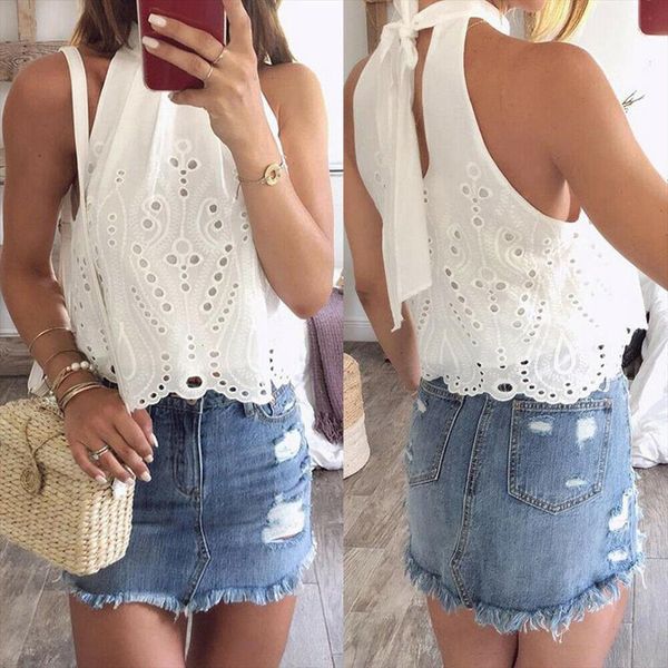 chic halter sleeveless white women shirt summer hollow out lace embroidery shirts 20
chic halter sleeveless white women shirt summer hollow out lace embroidery shirts 20