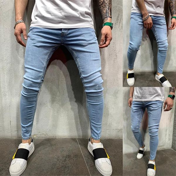men's jeans fashion slim holes pleated pocket skinny men streetwear casual long pants working clothes hombre, Blue 
men's jeans fashion slim holes pleated pocket skinny men streetwear casual long pants working clothes hombre, Blue