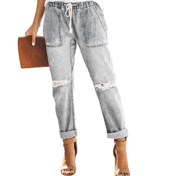 women's jeans fashion distressed knee ripped women summer holes loose trouser drawstring elastic waist pockets long pencil denim pants, Blue
women's jeans fashion distressed knee ripped women summer holes loose trouser drawstring elastic waist pockets long pencil denim pants, Blue
