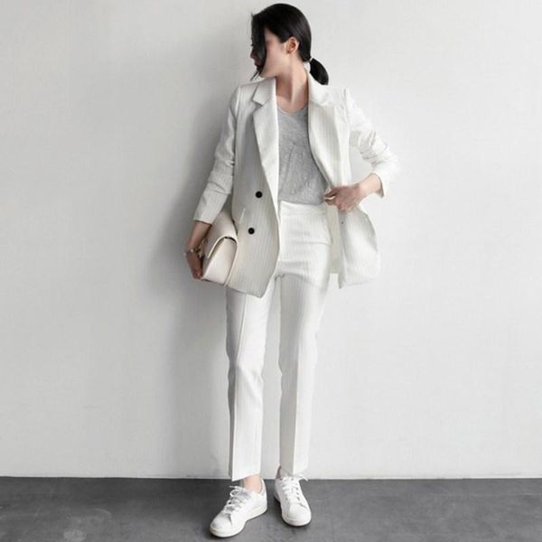 women's suits & blazers 2021 work fashion pant women 2 piece set double breasted striped blazer trouser elegant solid office lady busin, White;black
women's suits & blazers 2021 work fashion pant women 2 piece set double breasted striped blazer trouser elegant solid office lady busin, White;black