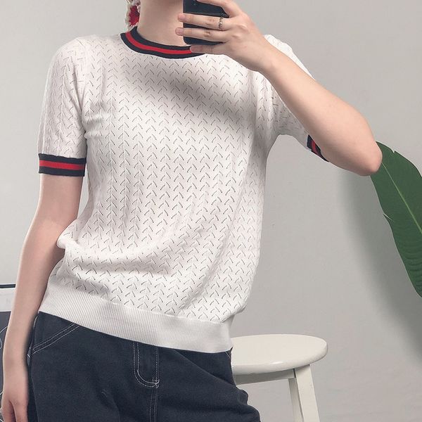 t shirt summer round neck contrast ice silk short sleeve knitted women's loose hollow pullover thin top, White
t shirt summer round neck contrast ice silk short sleeve knitted women's loose hollow pullover thin top, White