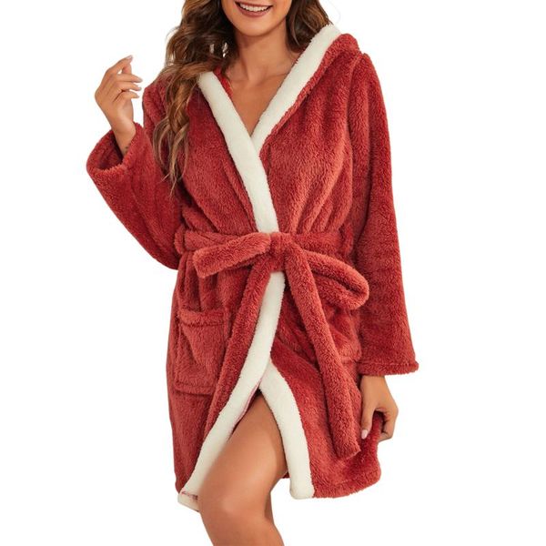 women's sleepwear hirigin women plush bathrobe splicing hooded long sleeve loose bathing robe with pockets for ladies, Black;red
women's sleepwear hirigin women plush bathrobe splicing hooded long sleeve loose bathing robe with pockets for ladies, Black;red