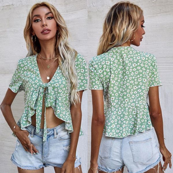 women's blouses & shirts irregular lace-up crop summer blouse women v-neck green floral bow tie with ruffled splicing short sleeves, White
women's blouses & shirts irregular lace-up crop summer blouse women v-neck green floral bow tie with ruffled splicing short sleeves, White