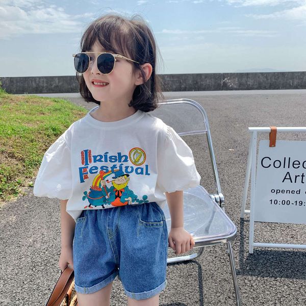 girls' summer suit foreign style children's wear denim shorts t-shirt fashionable two piece set fashion, White