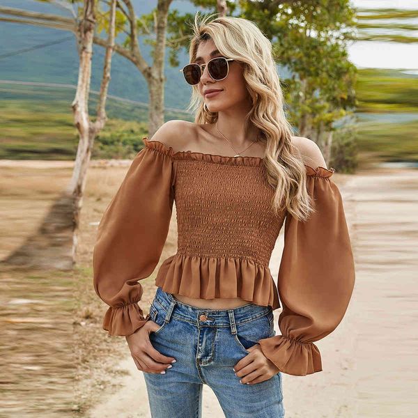 spring slash neck flare sleeves slim brown solid folds elegant fashion pullover women's blouse 210524, White
spring slash neck flare sleeves slim brown solid folds elegant fashion pullover women's blouse 210524, White