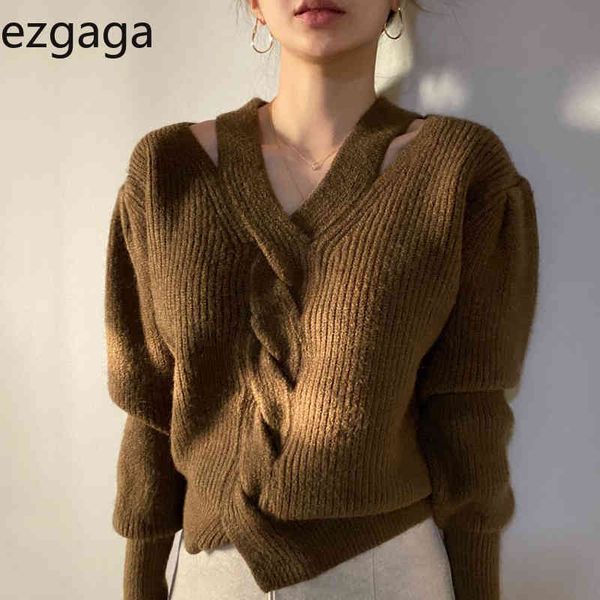 ezgaga elegant knitted sweater jumper women chic v-neck criss-cross halter solid twist hollow out loose ladies pullover 210430, White;black
