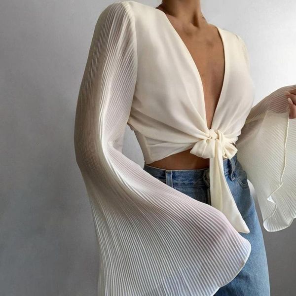 women's blouses & shirts 2021 summer fashion blouse bowknot bandage long trumpet sleeves breathable deep v-neck solid color top, White
women's blouses & shirts 2021 summer fashion blouse bowknot bandage long trumpet sleeves breathable deep v-neck solid color top, White