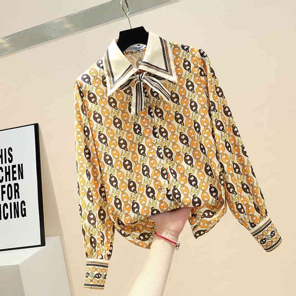blouses lapel blouse for woman spring and summer retro bow printed chiffon shirt women long sleeve blouses blusas 3xl, White 
blouses lapel blouse for woman spring and summer retro bow printed chiffon shirt women long sleeve blouses blusas 3xl, White