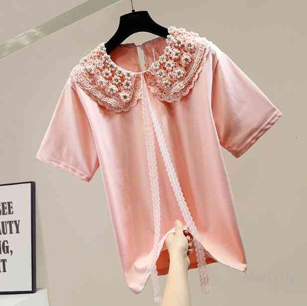t shirt women's beads diamond lace stitching sweet double doll collar ribbon bowknot loose all-match short sleeve t-shirt tees, White
t shirt women's beads diamond lace stitching sweet double doll collar ribbon bowknot loose all-match short sleeve t-shirt tees, White