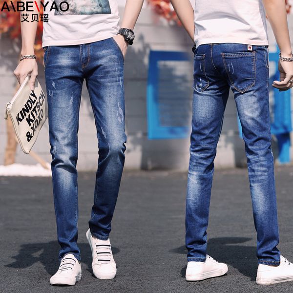 men's jeans fall winter street denim jeans men's slim stretch feet trousers trendy wild pants casual pencil bu73, Blue 
men's jeans fall winter street denim jeans men's slim stretch feet trousers trendy wild pants casual pencil bu73, Blue
