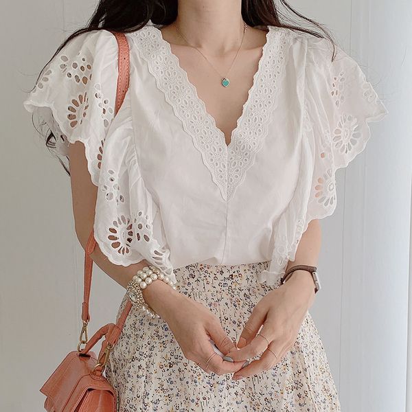 summer women elegant chic crochet lace hollow shirt korean embroidery ruffled short sleeve deep v neck blouse 210515, White
summer women elegant chic crochet lace hollow shirt korean embroidery ruffled short sleeve deep v neck blouse 210515, White