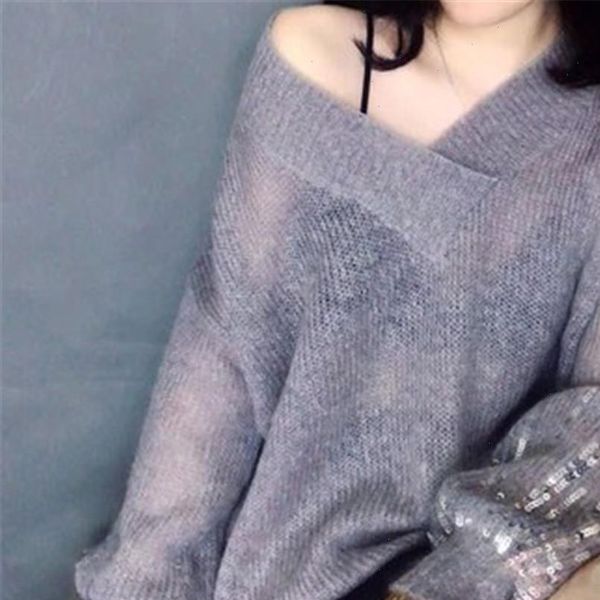 women sweater womens mohair thin knitwear v neck long sleeve sequins knitted pullover transparent jumpers pz2592, White;black
women sweater womens mohair thin knitwear v neck long sleeve sequins knitted pullover transparent jumpers pz2592, White;black