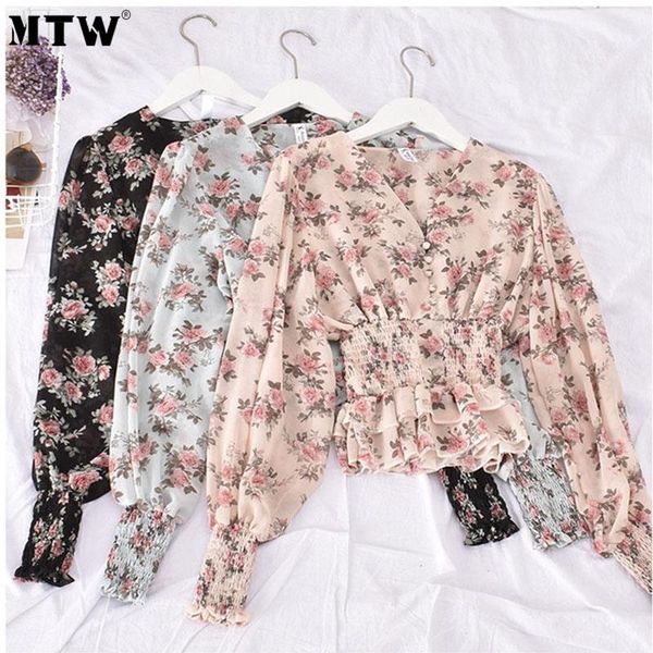 women's blouses & shirts 2021 spring summer women chiffon blouse ladies long sleeve korean floral female v neck tunic, White