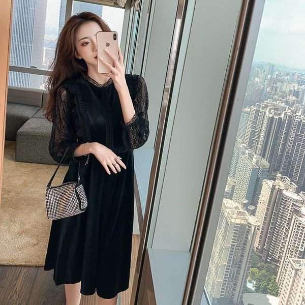 will fall and winter velvet dress lace hollow out female brim long money cultivate one's morality show thin tid casual dresses, Black;gray
will fall and winter velvet dress lace hollow out female brim long money cultivate one's morality show thin tid casual dresses, Black;gray