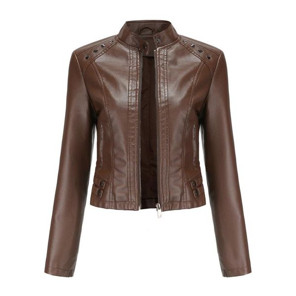 women's jackets spring autumn pu leather jacket women high street solid slim faxu coats elegant moto biker female outerwear 2021, Black;brown