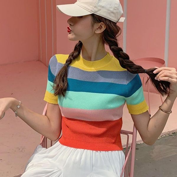 women's t-shirt rainbow striped turtleneck short sleeve slim knit women harajuku korean fashion lolita t shirt cute kawaii sexy, White
women's t-shirt rainbow striped turtleneck short sleeve slim knit women harajuku korean fashion lolita t shirt cute kawaii sexy, White