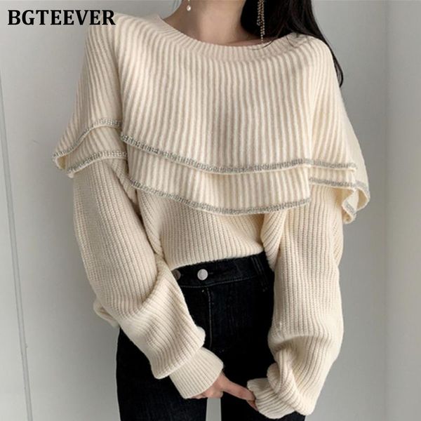 women's sweaters bgteever chic o-neck ruffles long sleeve female knitted jumpers elegant loose pullover 2021 autumn winter knitwear, White;black
women's sweaters bgteever chic o-neck ruffles long sleeve female knitted jumpers elegant loose pullover 2021 autumn winter knitwear, White;black