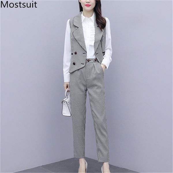 ol style workwear fashion 3 piece set women autumn white shirt + houndstooth vest pants suits outfits work sets 210513 
ol style workwear fashion 3 piece set women autumn white shirt + houndstooth vest pants suits outfits work sets 210513