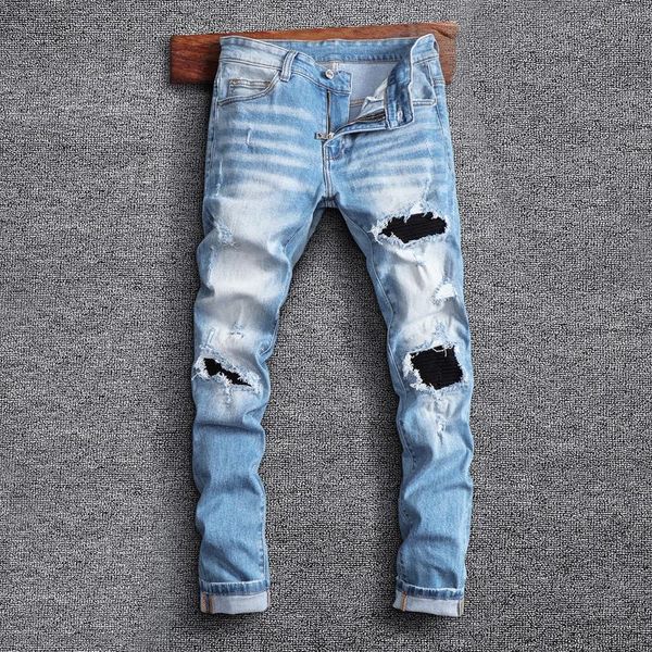 men's jeans street style fashion men retro light blue elastic slim fit destroyed ripped patch designer hip hop denim pants
men's jeans street style fashion men retro light blue elastic slim fit destroyed ripped patch designer hip hop denim pants