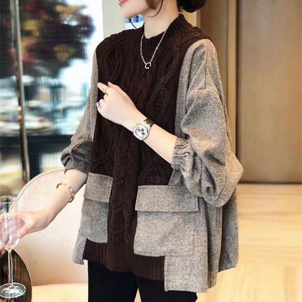 women's sweaters 2021 pullover lazy wind short loose outer wear fake two-piece suit korean fashion knitted sweater women coat, White;black
women's sweaters 2021 pullover lazy wind short loose outer wear fake two-piece suit korean fashion knitted sweater women coat, White;black