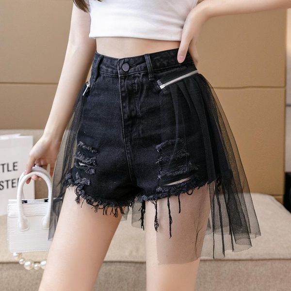 women's shorts 2021 summer high waist female black slim mesh stitching denim women hole ripped jeans short pants my2526, White;black
women's shorts 2021 summer high waist female black slim mesh stitching denim women hole ripped jeans short pants my2526, White;black
