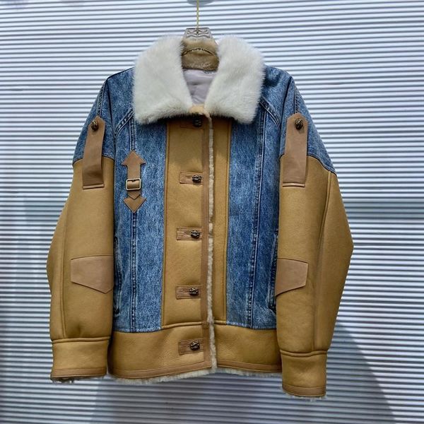 women's fur & faux natural coat women winter jackets denim with real sheep leather and clothing genuine mink collar duck down, Black
women's fur & faux natural coat women winter jackets denim with real sheep leather and clothing genuine mink collar duck down, Black