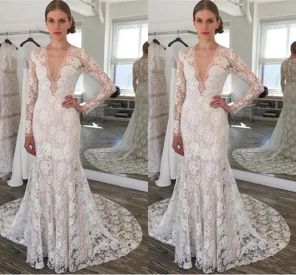 gorgeous lace mermaid wedding dresses long sleeves deep v neck sweep train covered buttons back plus size custom made beach bridal gown vest, White
gorgeous lace mermaid wedding dresses long sleeves deep v neck sweep train covered buttons back plus size custom made beach bridal gown vest, White