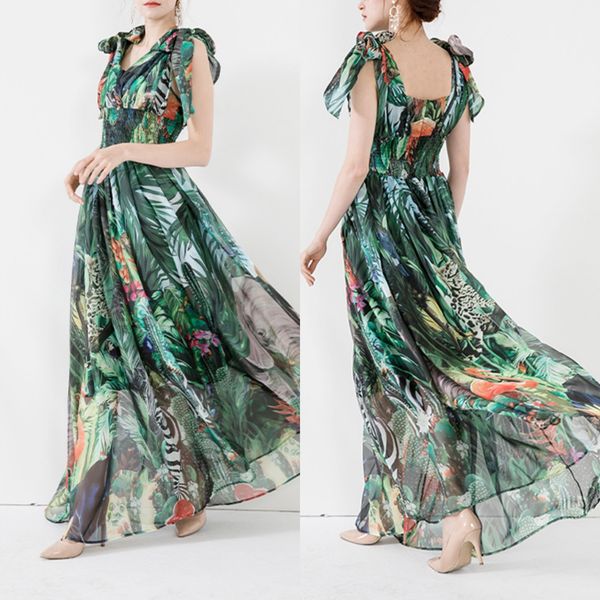 european and american high-quality dress mixed silk printing elastic waist big swing, Black
european and american high-quality dress mixed silk printing elastic waist big swing, Black