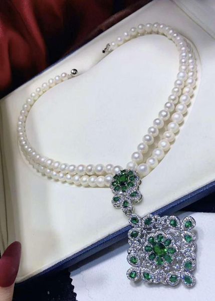 chains hand knotted noble 2 rows 7-8mm white freshwater pearl micro inlay green zircon accessories necklace, Silver
chains hand knotted noble 2 rows 7-8mm white freshwater pearl micro inlay green zircon accessories necklace, Silver