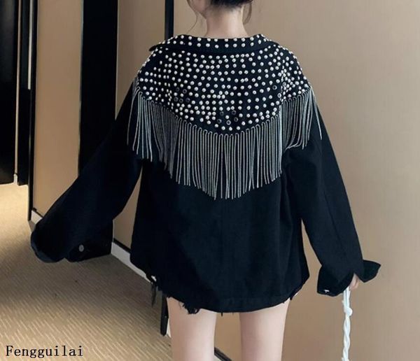 women's jackets chaquetas mujer autumn streetwear denim jacket women hand-studded pearls punk tassel veste femme loose short jeans coat, Black;brown
women's jackets chaquetas mujer autumn streetwear denim jacket women hand-studded pearls punk tassel veste femme loose short jeans coat, Black;brown