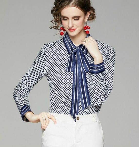 women dot shirts classic woman print shirts femme elegant blouses lady bow tie drop, White
women dot shirts classic woman print shirts femme elegant blouses lady bow tie drop, White