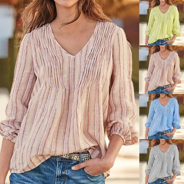 women's blouses & shirts spring autumn long sleeve women striped print polyester v neck for femme blusas, White
