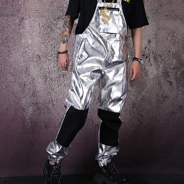 men's pants punk silver leather overalls jumpsuit pant male women fashion casual bib harem trouser stage costume men streetwear hip hop, Black
men's pants punk silver leather overalls jumpsuit pant male women fashion casual bib harem trouser stage costume men streetwear hip hop, Black