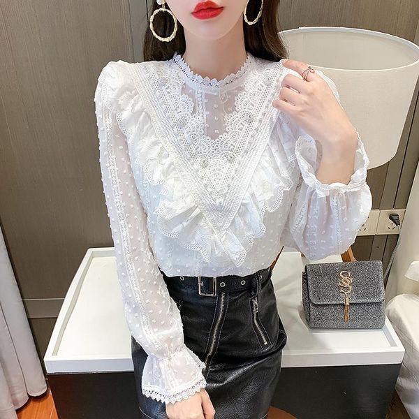 women's blouses & shirts ruffle lace shirt autumn 2021 korean long sleeve v-neck pullover blouse round neck female dot chiffon, White
women's blouses & shirts ruffle lace shirt autumn 2021 korean long sleeve v-neck pullover blouse round neck female dot chiffon, White