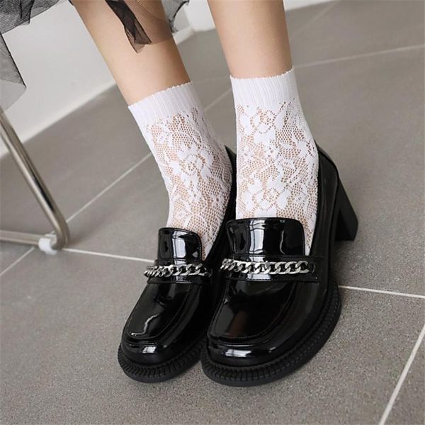 british metal chain loafers women 2021 spring fall patent leather chunky high heels pumps slip on lady plus size dress shoes, Black
british metal chain loafers women 2021 spring fall patent leather chunky high heels pumps slip on lady plus size dress shoes, Black