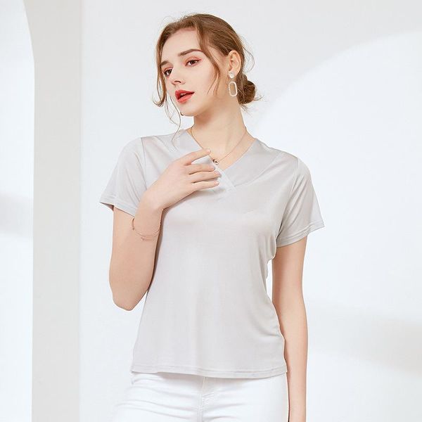 women's t-shirt silk v-neck short sleeve for women, pure color mulberry knit loose base, White
women's t-shirt silk v-neck short sleeve for women, pure color mulberry knit loose base, White