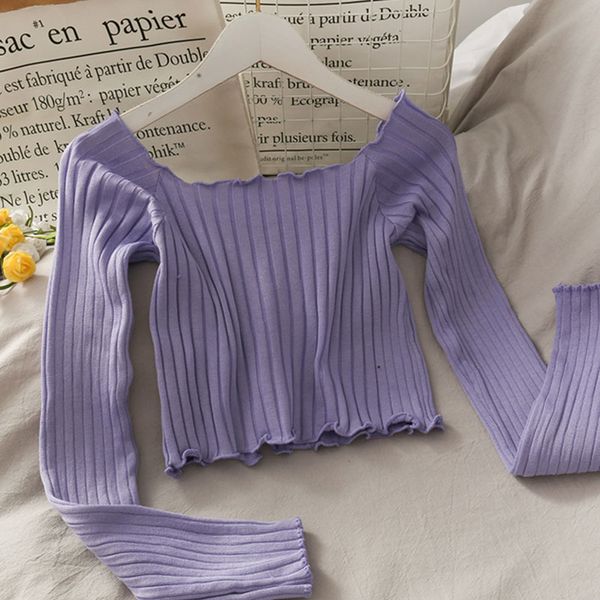 women summer purple knitted t-shirts off shoulder crop tees stripes ruffles hem for 210518, White
women summer purple knitted t-shirts off shoulder crop tees stripes ruffles hem for 210518, White