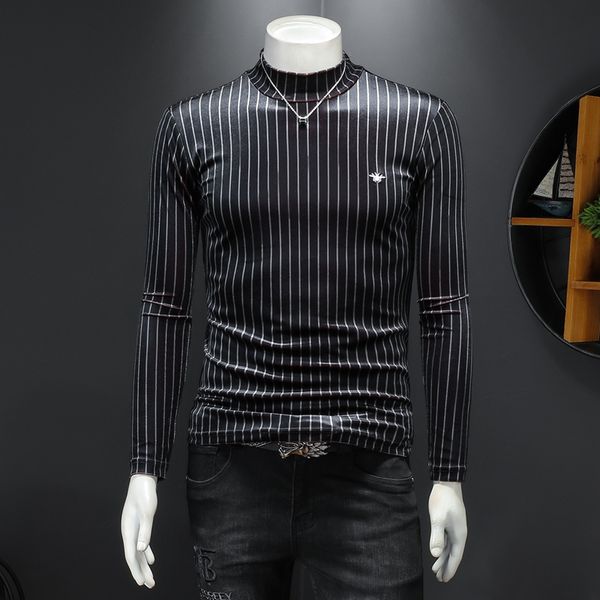 2022 autumn and winter new men's striped printed gold velvet mid-neck bottoming shirts trendy slim long-sleeved t-shirts, White;black
2022 autumn and winter new men's striped printed gold velvet mid-neck bottoming shirts trendy slim long-sleeved t-shirts, White;black