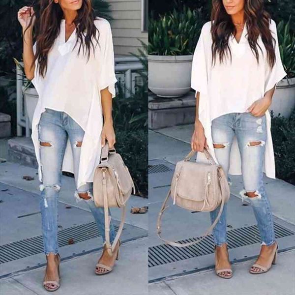 women blouses summer elegant irregular v-neck chiffon soft tunic casual solid breathable half batwing sleeve shirts, White
women blouses summer elegant irregular v-neck chiffon soft tunic casual solid breathable half batwing sleeve shirts, White