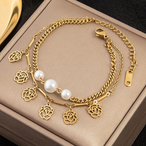 link, chain 316l stainless steel fashion upscale jewelry 2 layer pearl beaded openwork roses flowers charm bracelets for women, Black
link, chain 316l stainless steel fashion upscale jewelry 2 layer pearl beaded openwork roses flowers charm bracelets for women, Black