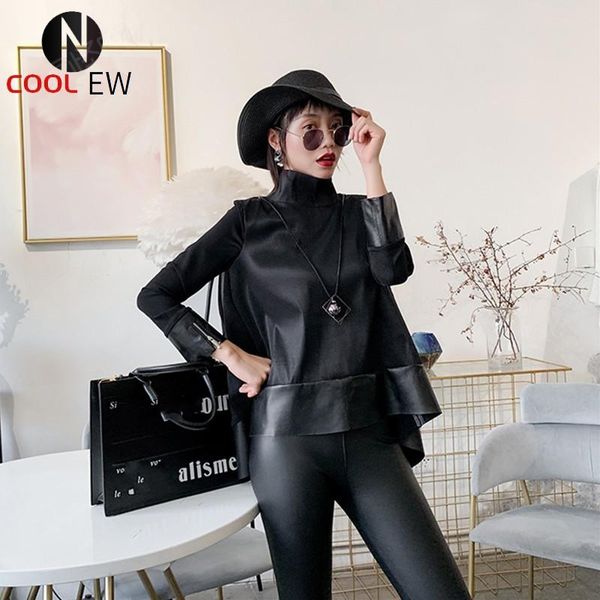 women's leather & faux autumn women chiffon patchwork sheepskin genuine outerwear loose fit turtleneck jacket irregular casual coats, Black
women's leather & faux autumn women chiffon patchwork sheepskin genuine outerwear loose fit turtleneck jacket irregular casual coats, Black