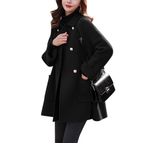 women's wool & blends solid women coats turn-down collar full sleeve mid long outwear double breasted korean style ladies winter woolen, Black
women's wool & blends solid women coats turn-down collar full sleeve mid long outwear double breasted korean style ladies winter woolen, Black