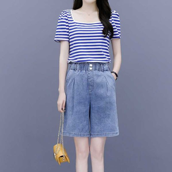 women's summer thin small fresh striped + denim shorts high waist ice silk wide-leg pants suit 210531, White
women's summer thin small fresh striped + denim shorts high waist ice silk wide-leg pants suit 210531, White
