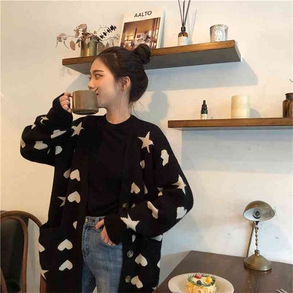 early spring love star sweater coat female loose long sleeves thick outside knitted cardigan 210427, White;black
early spring love star sweater coat female loose long sleeves thick outside knitted cardigan 210427, White;black